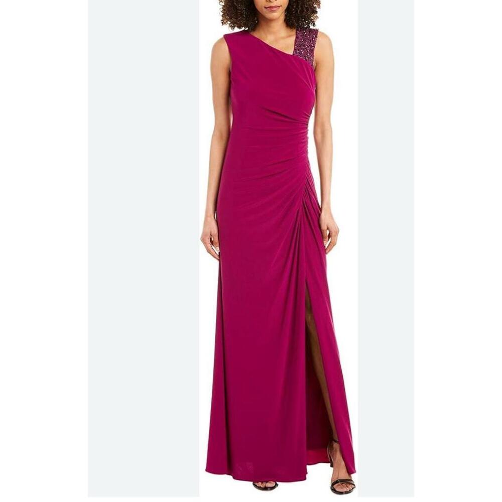 Adrianna Papell Asymmetrical Neck Ruched Burgundy Gown Embellished sz 4 Jersey
